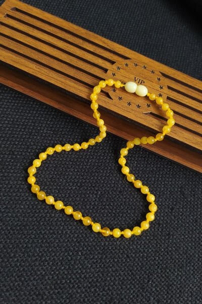 Sertifikalı Sarı Kehribar Kolye Kız Erkek Bebek Diş Kolyesi 4-7 Yaş 35 cm  Çocuk Kolyesi