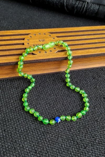 Sertifikalı Mat Yeşil Nazarboncuklu Kehribar Kolye Kız Erkek Bebek Diş Kolyesi 0-3 Yaş 32 cm