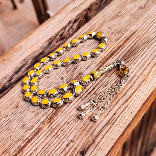 8x10 mm Sarı Mineli Alpaka Tesbih