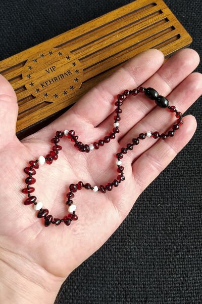 Sertifikalı Kırmızı İncili Kehribar Kolye Kız Erkek Bebek Diş Kolyesi 4-7 Yaş 35 cm