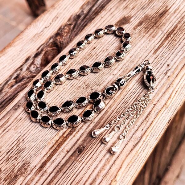 8x10 mm Siyah Mineli Alpaka Tesbih