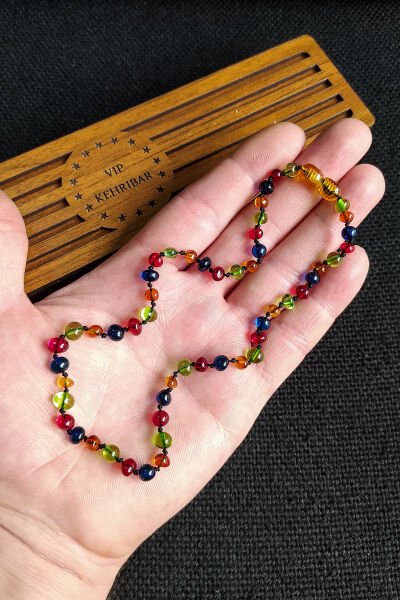 Sertifikalı Mavi Multicolor Kehribar Kolye Kız Erkek Bebek Diş Kolyesi 0-4 Yaş 32 cm