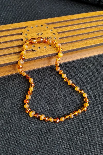 Sertifikalı Mat Parlak Konyak Kombin Kehribar Kolye Bebek Diş Kolyesi 3-6 Yaş 35 cm