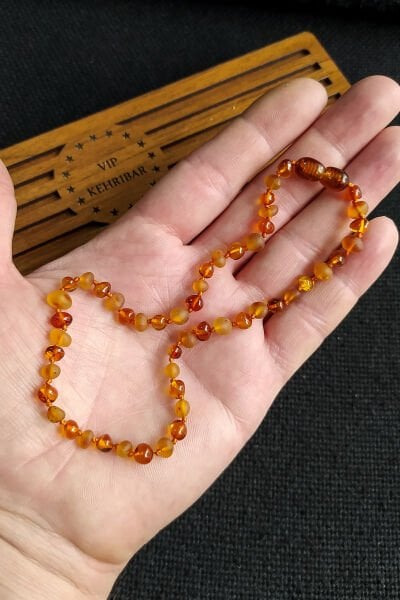 Sertifikalı Mat Parlak Konyak Kombin Kehribar Kolye Bebek Diş Kolyesi 3-6 Yaş 35 cm