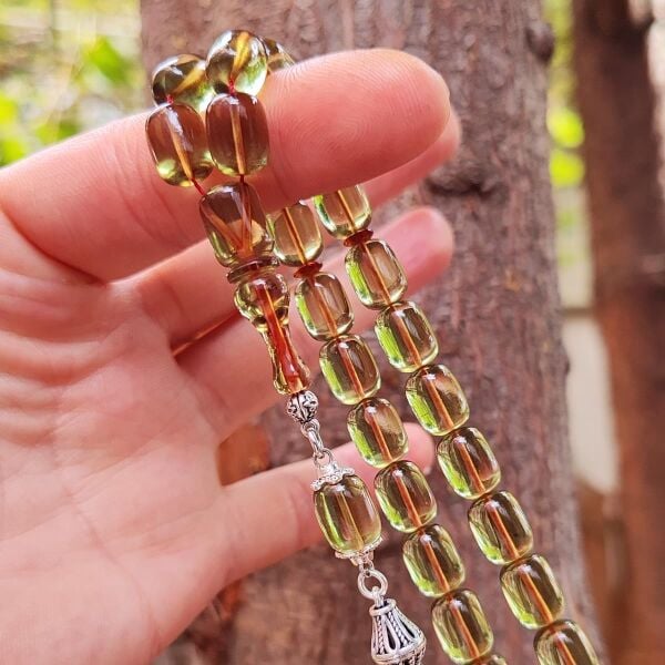 8x11 mm Gümüş Püsküllü Su Yeşili Zar Kehribar Tesbih - Serkan Başkan Usta İşçilikli
