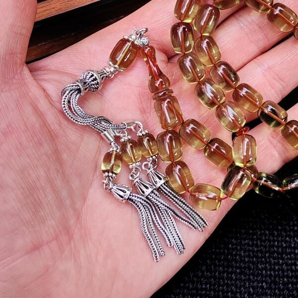 8x11 mm Gümüş Püsküllü Su Yeşili Zar Kehribar Tesbih - Serkan Başkan Usta İşçilikli