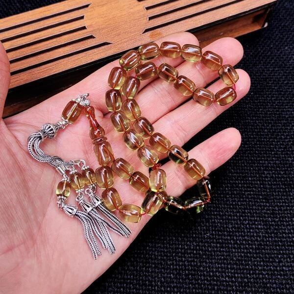 8x11 mm Gümüş Püsküllü Su Yeşili Zar Kehribar Tesbih - Serkan Başkan Usta İşçilikli