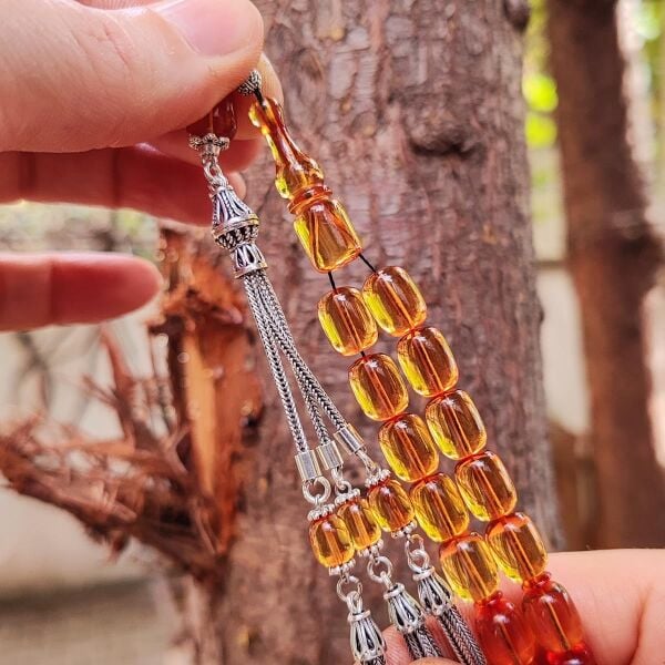 8x11 mm Gümüş Püsküllü Altın Rengi Zar Kehribar Tesbih - Serkan Başkan Usta İşçilikli