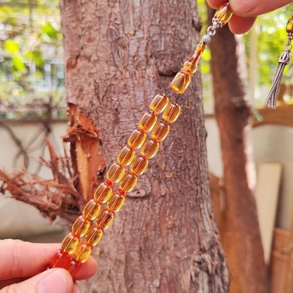 8x11 mm Gümüş Püsküllü Altın Rengi Zar Kehribar Tesbih - Serkan Başkan Usta İşçilikli