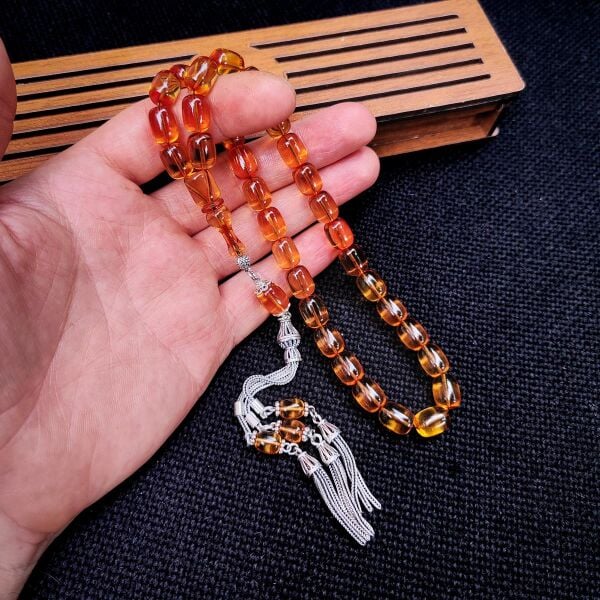 8x11 mm Gümüş Püsküllü Altın Rengi Zar Kehribar Tesbih - Serkan Başkan Usta İşçilikli