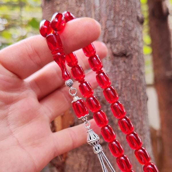 8x11 mm Gümüş Püsküllü Kırmızı Zar Kehribar Tesbih - Serkan Başkan Usta İşçilikli