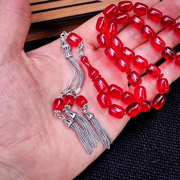 8x11 mm Gümüş Püsküllü Kırmızı Zar Kehribar Tesbih - Serkan Başkan Usta İşçilikli