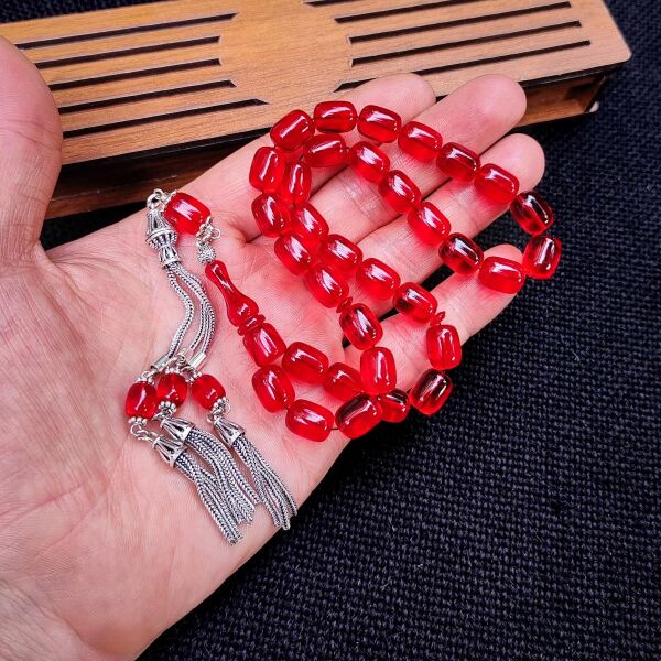 8x11 mm Gümüş Püsküllü Kırmızı Zar Kehribar Tesbih - Serkan Başkan Usta İşçilikli