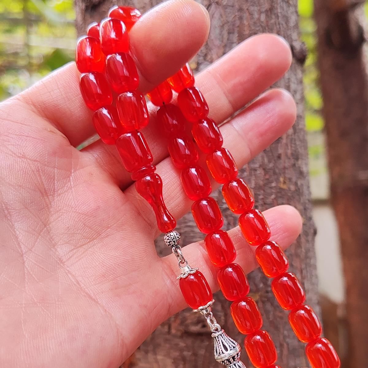 8x11 mm Gümüş Püsküllü Yemen Zar Kehribar Tesbih - Serkan Başkan Usta İşçilikli