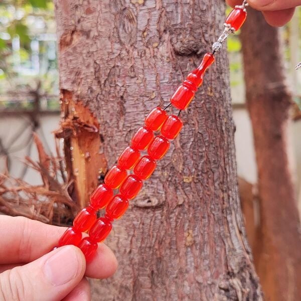 8x11 mm Gümüş Püsküllü Yemen Zar Kehribar Tesbih - Serkan Başkan Usta İşçilikli