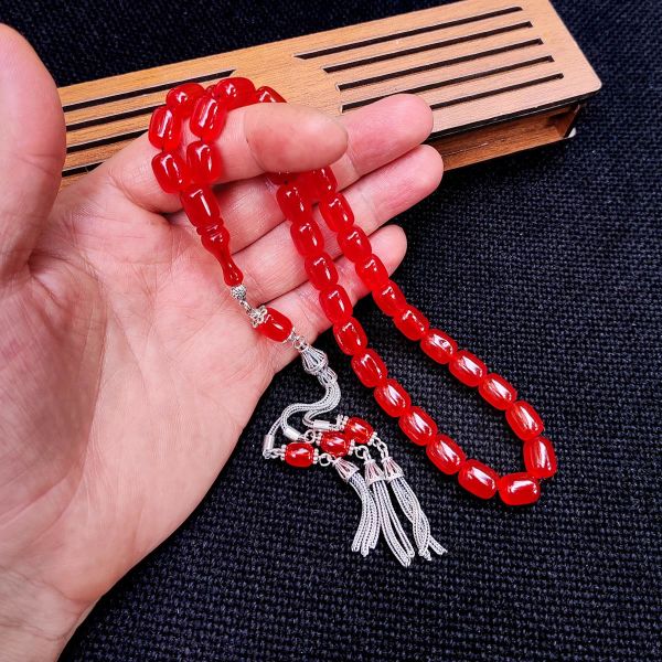 8x11 mm Gümüş Püsküllü Yemen Zar Kehribar Tesbih - Serkan Başkan Usta İşçilikli