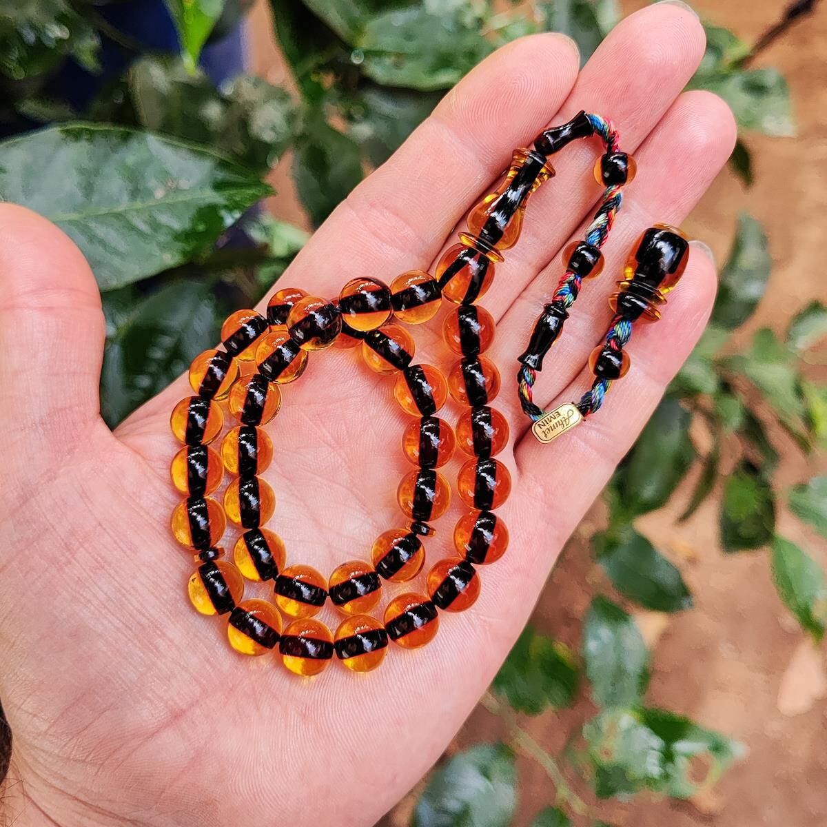 10 mm Ahmet Emin İmzalı Altın Rengi Zar Kehribar Tesbih