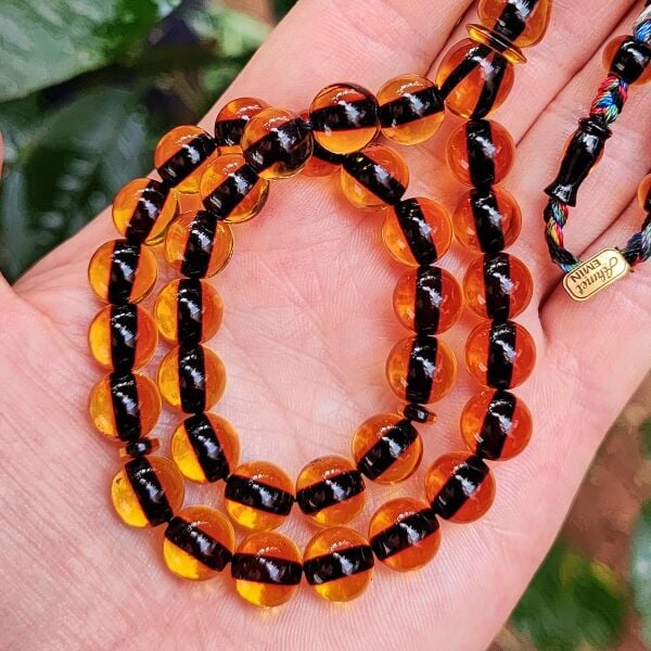 10 mm Ahmet Emin İmzalı Altın Rengi Zar Kehribar Tesbih