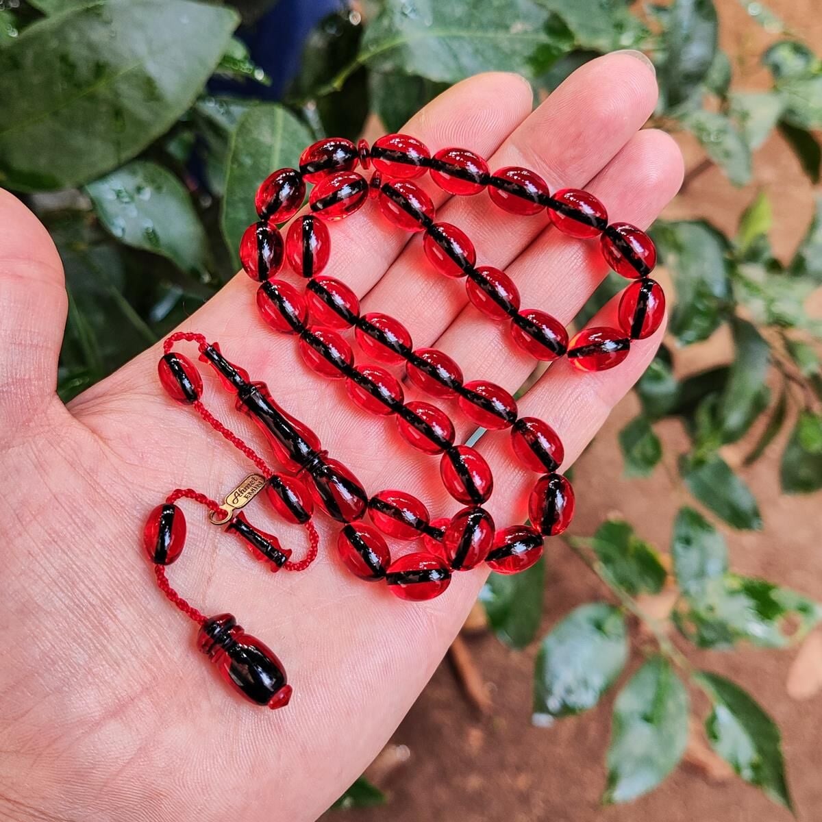 8x11 mm Ahmet Emin İmzalı Kırmızı Zar Kehribar Tesbih