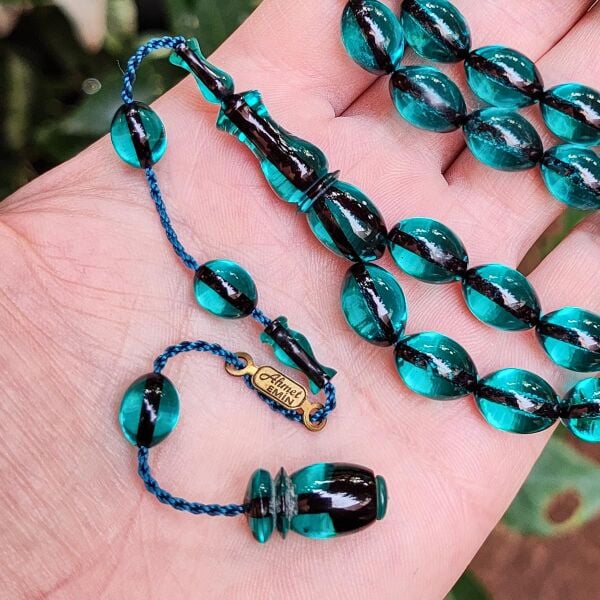 9x12 mm Ahmet Emin İmzalı Turkuaz Zar Kehribar Tesbih