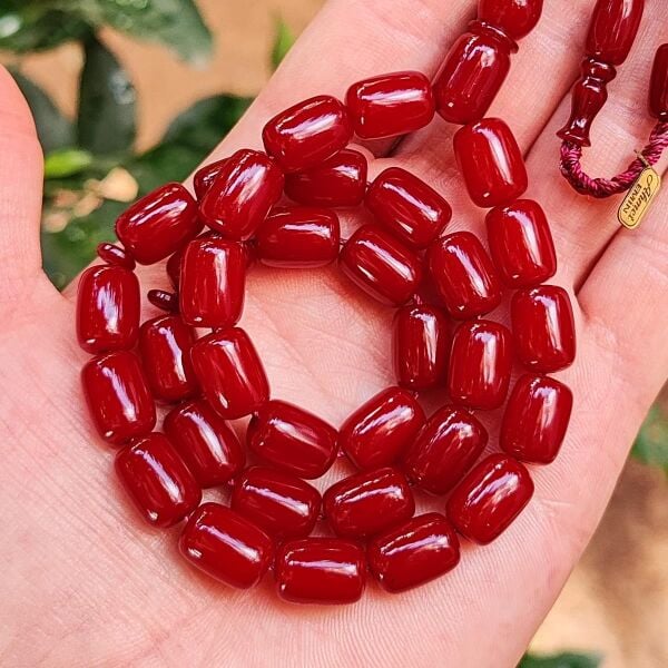 9x12 mm Ahmet Emin İmzalı Vişne Rengi Sıkma Kehribar Tesbih - Osmanlı Benzetme