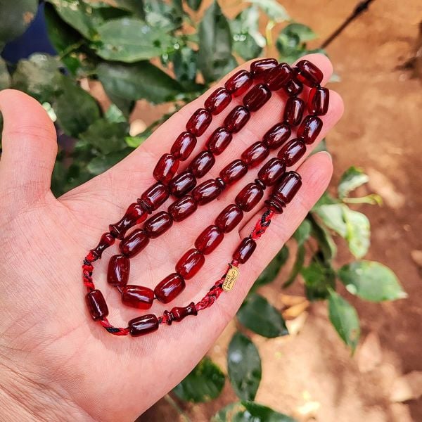9x12 mm Ahmet Emin İmzalı Vişne Rengi Faturan Sıkma Kehribar Tesbih - Osmanlı Benzetme
