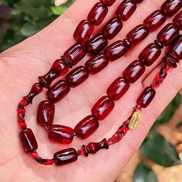 9x12 mm Ahmet Emin İmzalı Vişne Rengi Faturan Sıkma Kehribar Tesbih - Osmanlı Benzetme