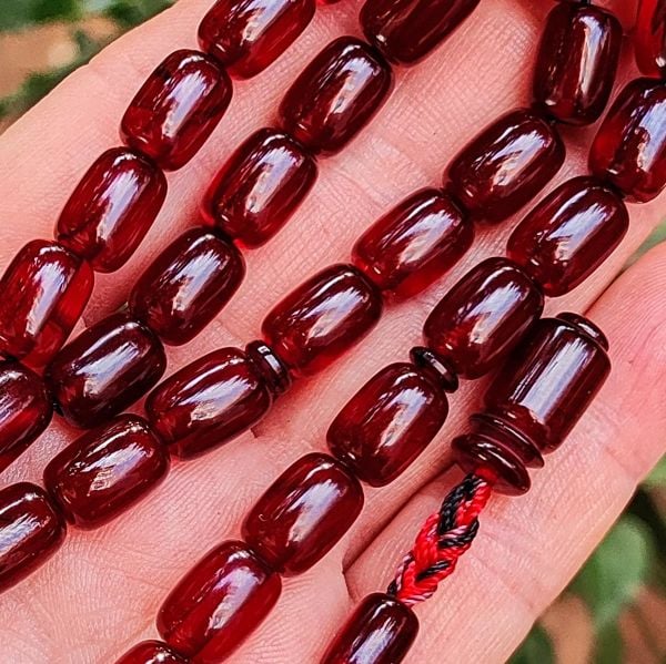 9x12 mm Ahmet Emin İmzalı Vişne Rengi Faturan Sıkma Kehribar Tesbih - Osmanlı Benzetme