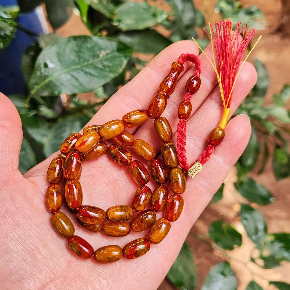 8x13 mm Ahmet Emin İmzalı Faturan Sıkma Kehribar Tesbih - Havşalı Kolye Model