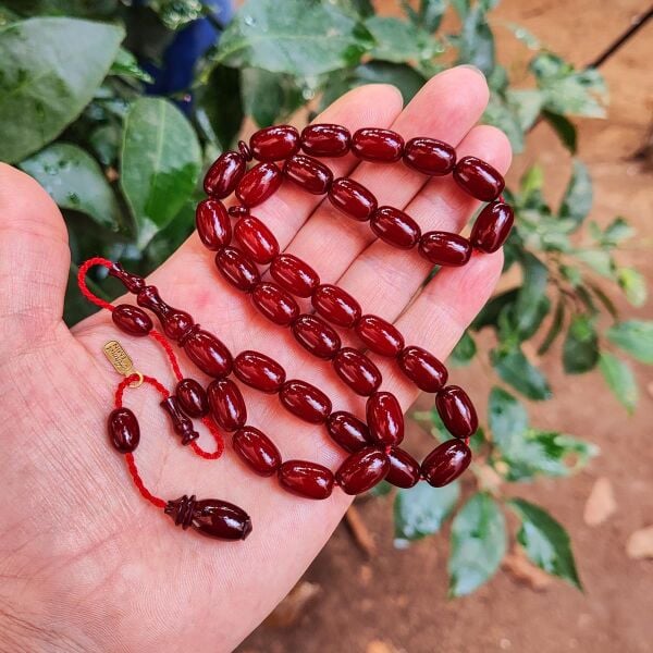 9x13 mm Ahmet Emin İmzalı Vişne Rengi Faturan Sıkma Kehribar Tesbih - Havşalı Kolye Model