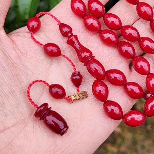 9x12 mm Ahmet Emin İmzalı Vişne Rengi Sıkma Kehribar Tesbih - Osmanlı Benzetme