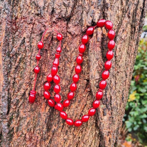 9x12 mm Ahmet Emin İmzalı Vişne Rengi Sıkma Kehribar Tesbih - Osmanlı Benzetme