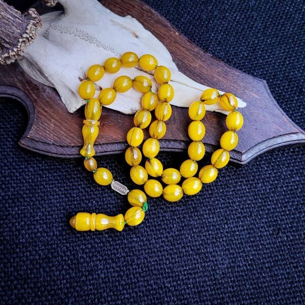 9x11 mm Yeşil Hamur Çubuk Sıkma Kehribar Tesbih - Movador İmzalı