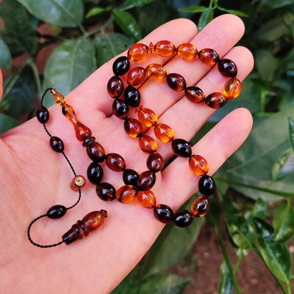 8x11 mm Mesut Elma Usta İmzalı Sarı Siyah Ateşi Kehribar Tesbih