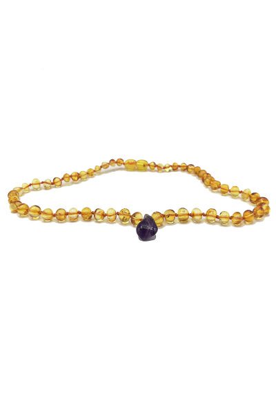 Yedek Klips Hediyeli Sertifikalı Kehribar Kolye Ametist Uçlu Bal Bebek Diş Kolyesi 0-6 Yaş