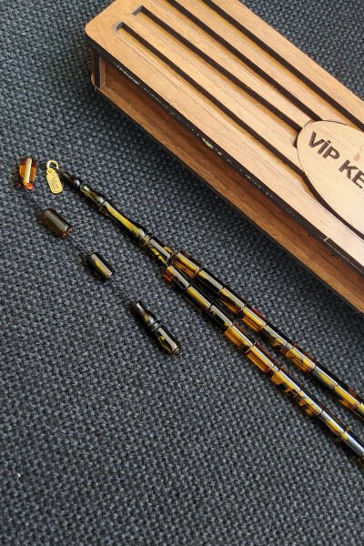 5,5x10 mm Kesme Ateşi Kehribar Tesbih Ayhan Turan Usta İşçilikli İmzalı Sistemli Tespih Ahşap Kutulu